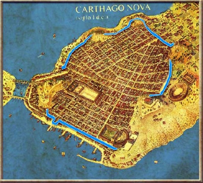 Posible trazado de la muralla romana de Carthago Nova, en azul 
